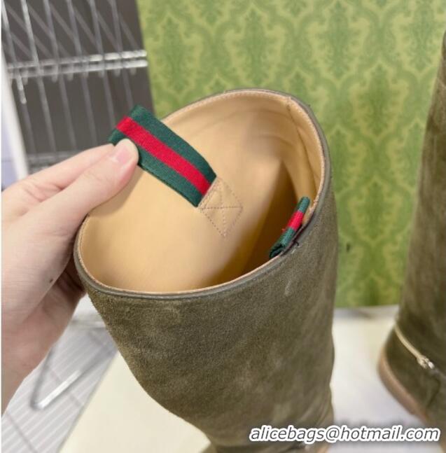 Best Grade Gucci Slim Horsebit High Flat Boots in Suede Green 1118052