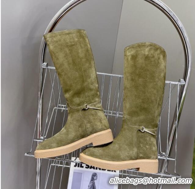 Best Grade Gucci Slim Horsebit High Flat Boots in Suede Green 1118052