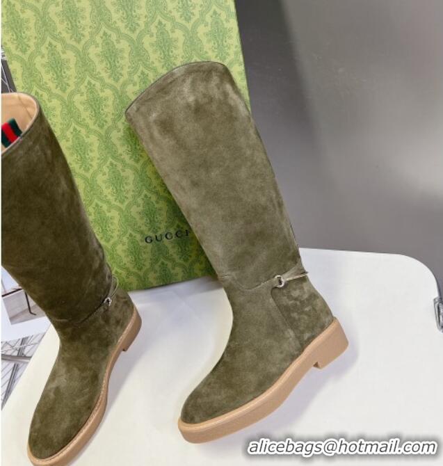 Best Grade Gucci Slim Horsebit High Flat Boots in Suede Green 1118052