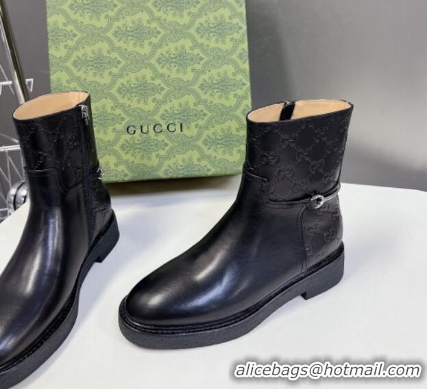 Luxurious Gucci Slim Horsebit Ankle Flat Boots in GG Leather Black 1118053