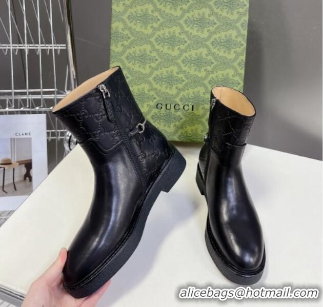 Luxurious Gucci Slim Horsebit Ankle Flat Boots in GG Leather Black 1118053