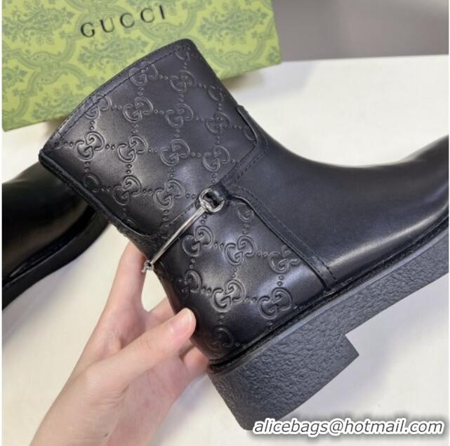 Luxurious Gucci Slim Horsebit Ankle Flat Boots in GG Leather Black 1118053