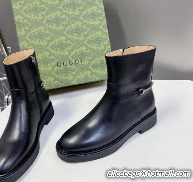 Low Cost Gucci Slim Horsebit Ankle Flat Boots in Calf Leather Black 1118054