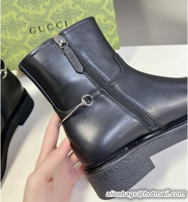 Low Cost Gucci Slim Horsebit Ankle Flat Boots in Calf Leather Black 1118054