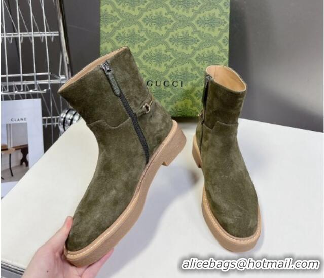 Shop Duplicate Gucci Slim Horsebit Ankle Flat Boots in Suede Green 118055