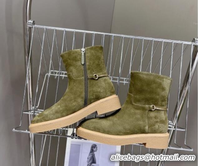 Shop Duplicate Gucci Slim Horsebit Ankle Flat Boots in Suede Green 118055