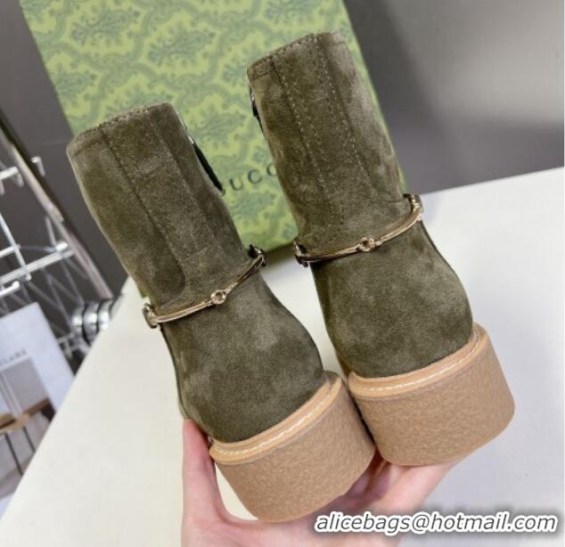 Shop Duplicate Gucci Slim Horsebit Ankle Flat Boots in Suede Green 118055