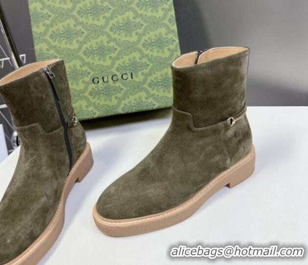 Shop Duplicate Gucci Slim Horsebit Ankle Flat Boots in Suede Green 118055