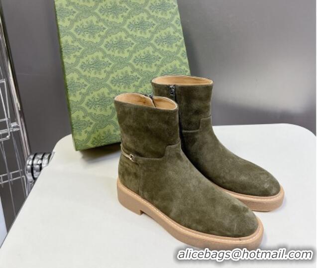 Shop Duplicate Gucci Slim Horsebit Ankle Flat Boots in Suede Green 118055