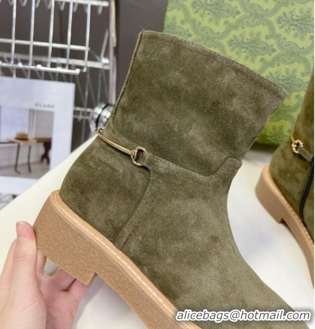 Shop Duplicate Gucci Slim Horsebit Ankle Flat Boots in Suede Green 118055