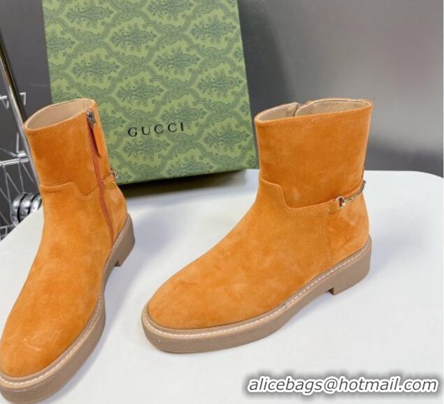 Pretty Style Gucci Slim Horsebit Ankle Flat Boots in Suede Yellow 1118056