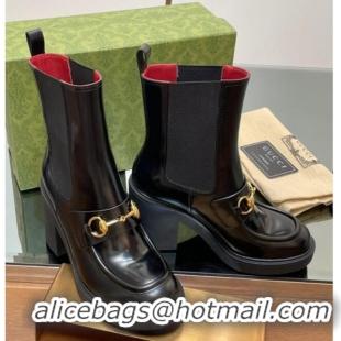 Low Price Gucci Web Horsebit Heel Ankle Boots 9cm in Shiny Leather Black 1118058