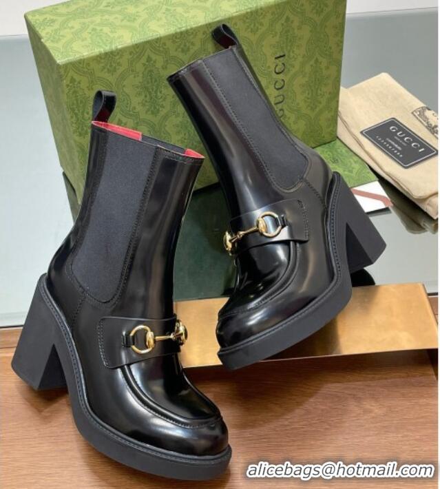 Low Price Gucci Web Horsebit Heel Ankle Boots 9cm in Shiny Leather Black 1118058