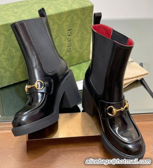 Low Price Gucci Web Horsebit Heel Ankle Boots 9cm in Shiny Leather Black 1118058