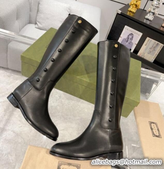 Good Looking Gucci Leather High Flat Boots 2.5cm with Side Ball Charm Black 1118065