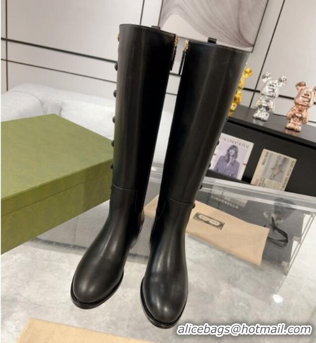 Good Looking Gucci Leather High Flat Boots 2.5cm with Side Ball Charm Black 1118065