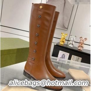 Top Grade Gucci Leather High Flat Boots 2.5cm with Side Ball Charm Brown 1118066