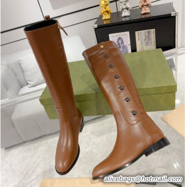 Top Grade Gucci Leather High Flat Boots 2.5cm with Side Ball Charm Brown 1118066