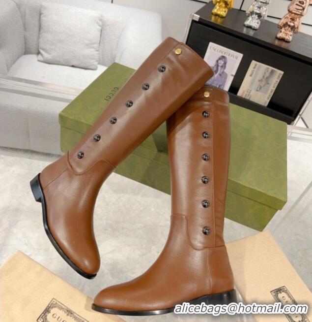 Top Grade Gucci Leather High Flat Boots 2.5cm with Side Ball Charm Brown 1118066