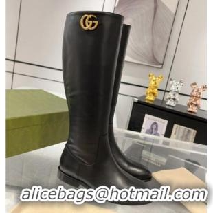 Best Grade Gucci Leather High Flat Boots 2.5cm with GG Black 1118067