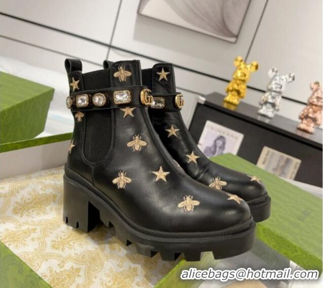 Purchase Gucci Black Leather Ankle Boots with Strass and Bees 1118069