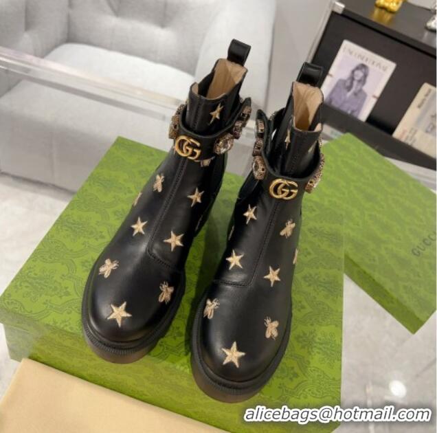 Purchase Gucci Black Leather Ankle Boots with Strass and Bees 1118069