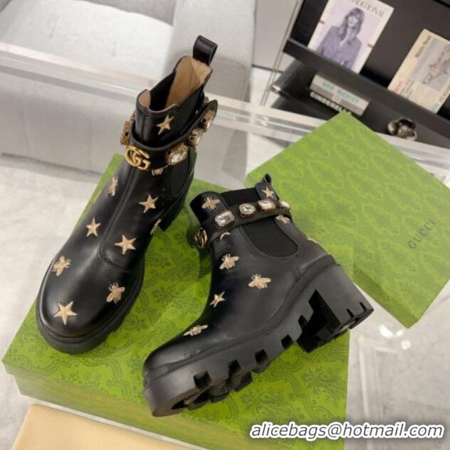 Purchase Gucci Black Leather Ankle Boots with Strass and Bees 1118069