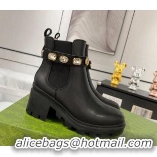 Stylish Gucci Black Calf Leather Ankle Boots with Strass Strap 1118070