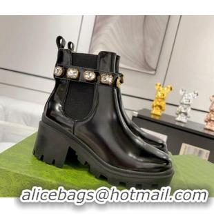 Good Quality Gucci Black Shiny Leather Ankle Boots with Strass Strap 1118071