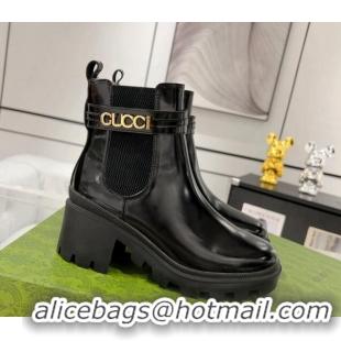 Pretty Style Gucci Black Shiny Leather Ankle Boots with GUCCI Strap 1118073