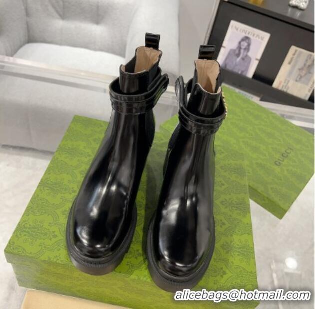 Pretty Style Gucci Black Shiny Leather Ankle Boots with GUCCI Strap 1118073