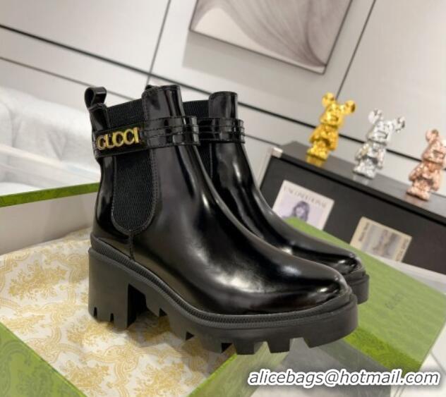 Pretty Style Gucci Black Shiny Leather Ankle Boots with GUCCI Strap 1118073