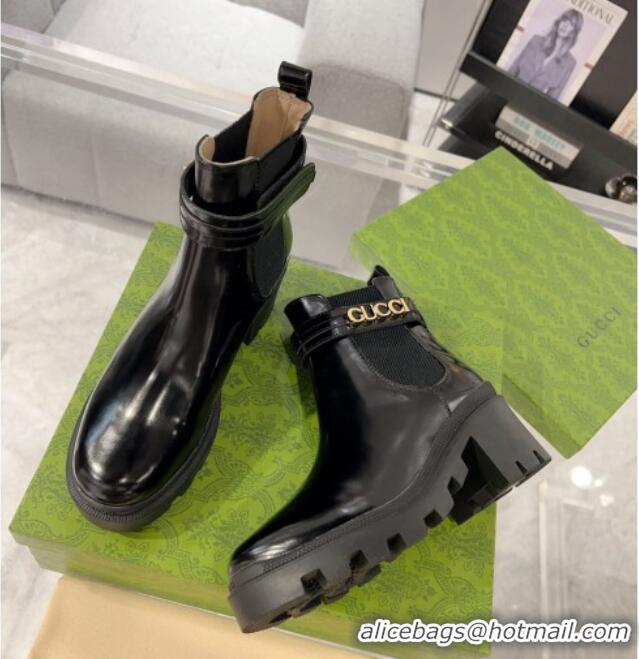 Pretty Style Gucci Black Shiny Leather Ankle Boots with GUCCI Strap 1118073