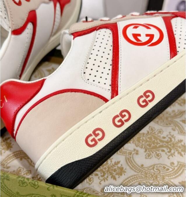 Pretty Style Gucci Leather Sneakers with Interlocking G White/Beige/Red 1118090