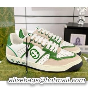 Top Design Gucci Leather Sneakers with Interlocking G White/Beige/Green 1118091