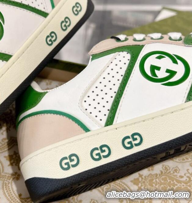 Top Design Gucci Leather Sneakers with Interlocking G White/Beige/Green 1118091