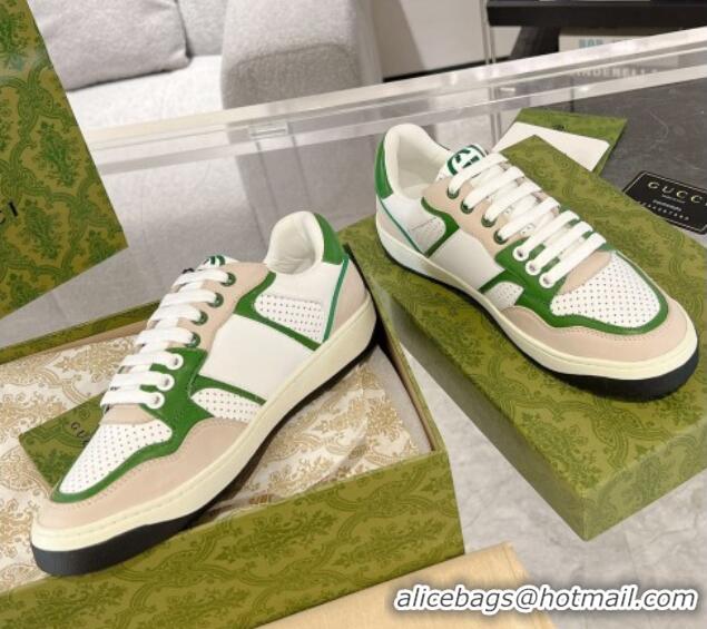 Top Design Gucci Leather Sneakers with Interlocking G White/Beige/Green 1118091