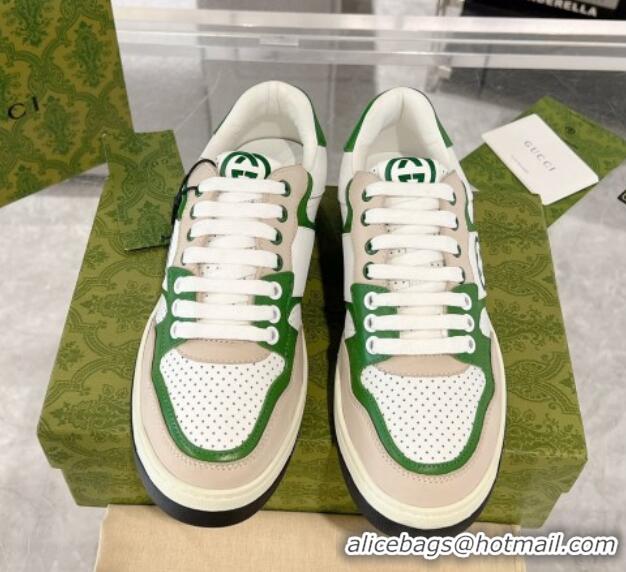 Top Design Gucci Leather Sneakers with Interlocking G White/Beige/Green 1118091