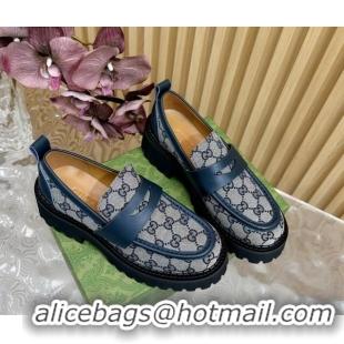 Best Grade Gucci GG Canvas Platform Loafers 5cm with Leather Web Blue 1118096