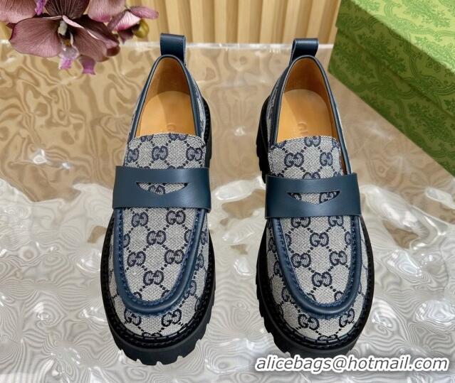 Best Grade Gucci GG Canvas Platform Loafers 5cm with Leather Web Blue 1118096