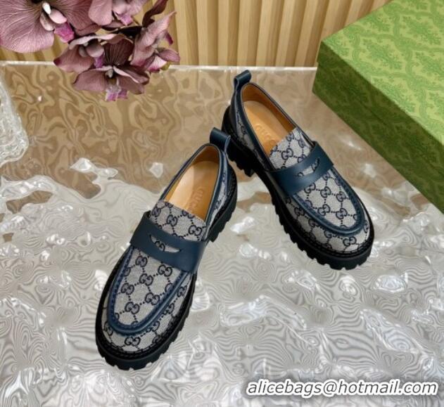 Best Grade Gucci GG Canvas Platform Loafers 5cm with Leather Web Blue 1118096