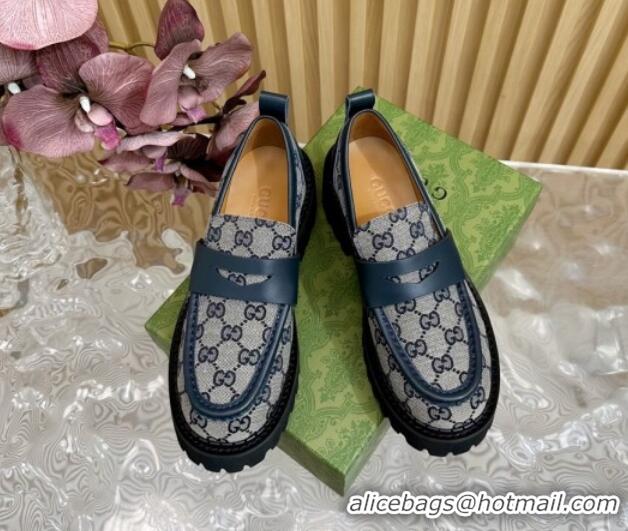 Best Grade Gucci GG Canvas Platform Loafers 5cm with Leather Web Blue 1118096