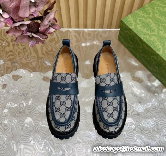 Best Grade Gucci GG Canvas Platform Loafers 5cm with Leather Web Blue 1118096