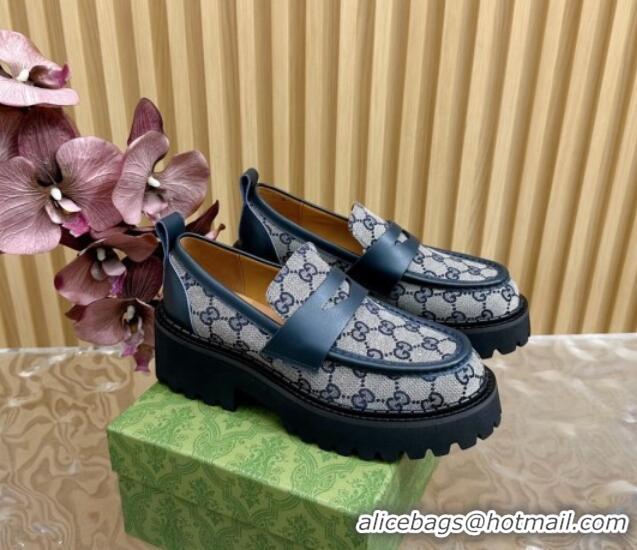 Best Grade Gucci GG Canvas Platform Loafers 5cm with Leather Web Blue 1118096