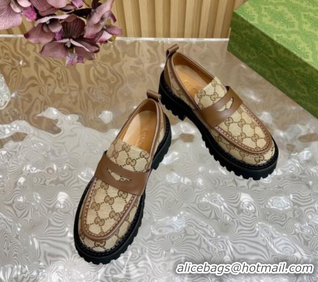 Buy Luxury Gucci GG Canvas Platform Loafers 5cm with Leather Web Brown 1118097