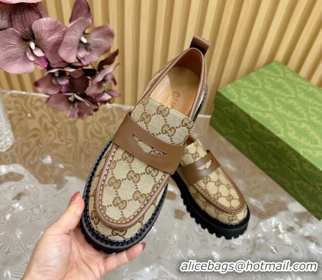 Buy Luxury Gucci GG Canvas Platform Loafers 5cm with Leather Web Brown 1118097