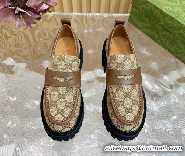 Buy Luxury Gucci GG Canvas Platform Loafers 5cm with Leather Web Brown 1118097