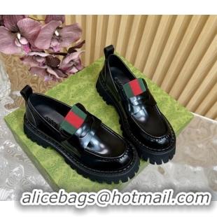 Shop Cheap Gucci Shiny Leather Platform Loafers 5cm with Web Black 1118098