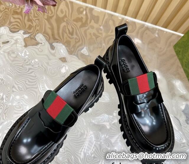 Shop Cheap Gucci Shiny Leather Platform Loafers 5cm with Web Black 1118098