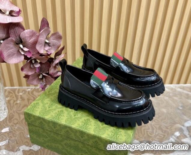 Shop Cheap Gucci Shiny Leather Platform Loafers 5cm with Web Black 1118098